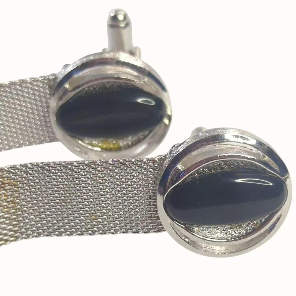 Vintage Dante Cufflinks Oval Black Cabochon Silver Tone Mesh Fold